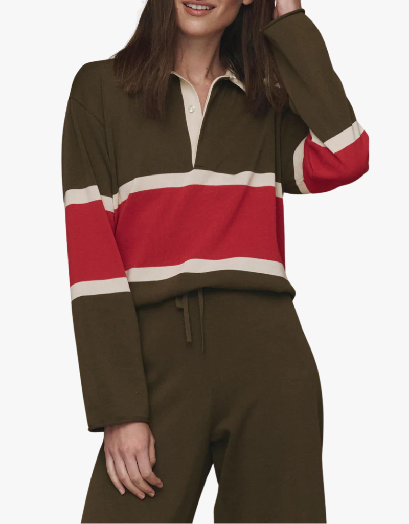 The Great The Rugby Sweater in Army w/ Red Hot Stripe