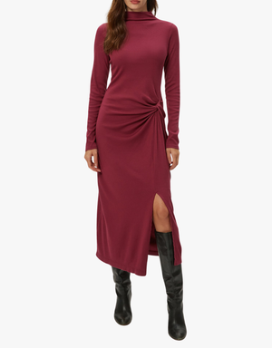 Michael Stars Tish Mock Neck Midi Dress With Slit in Garnet