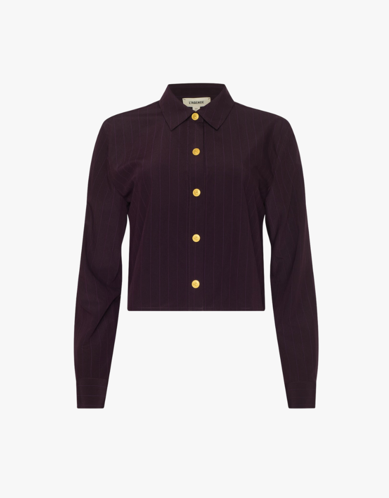 L'agence Costette Crop Hi Low Shirt in Dark Malbec Pinstripe
