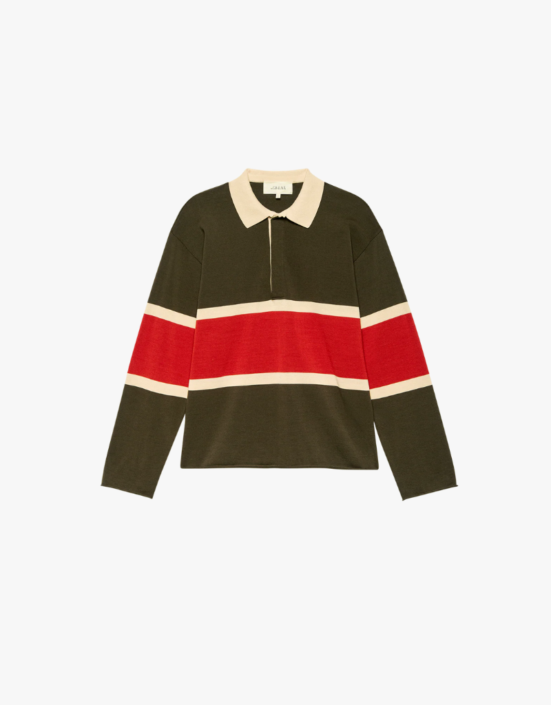 The Great The Rugby Sweater in Army w/ Red Hot Stripe