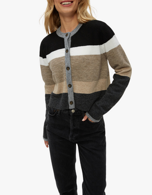 Michael Stars Fiona Stripe Crew Neck Cardigan in Neutral Stripe