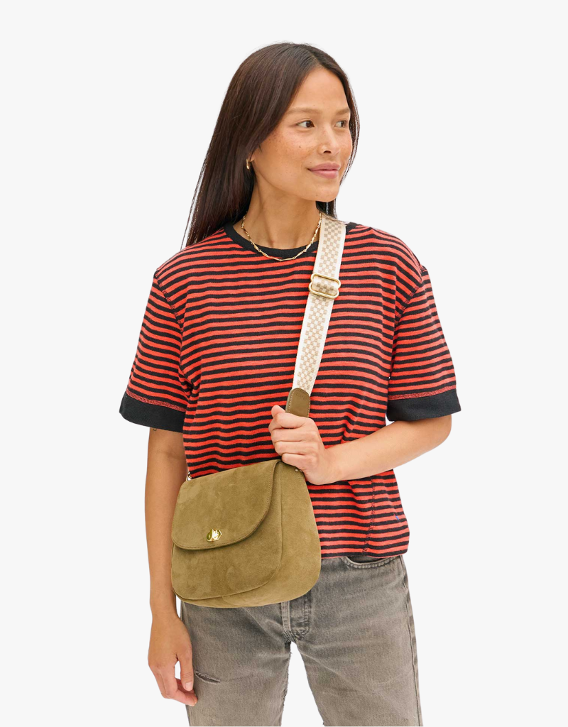 Clare V. Adjustable Crossbody Strap in Cream Khaki Checker
