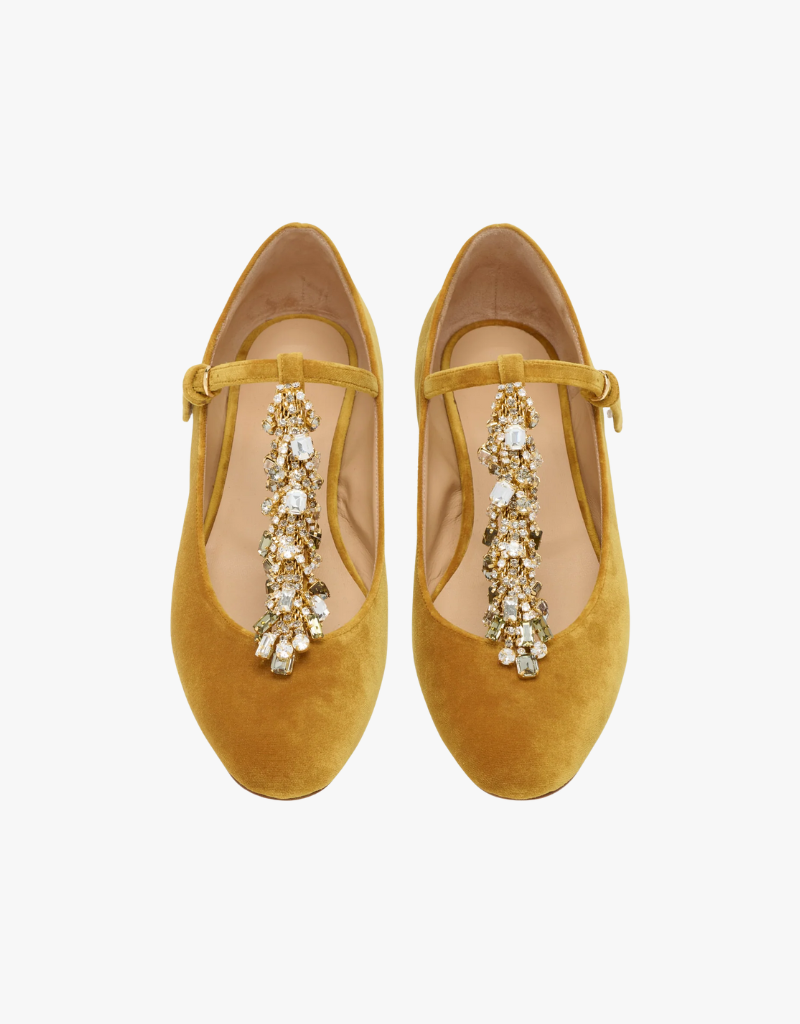 Ulla Johnson Bianca Crystal T-Strap Ballerina in Senape
