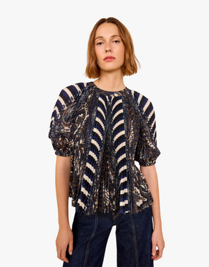 Ulla Johnson Dafna Pleated Short Sleeve Blouse in Eclipse