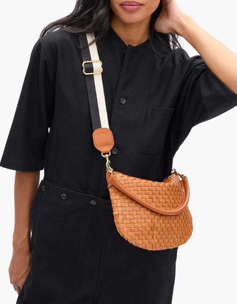 Clare V. Adjustable Crossbody Strap in Black & Cream Stripe with Cuoio Tabs