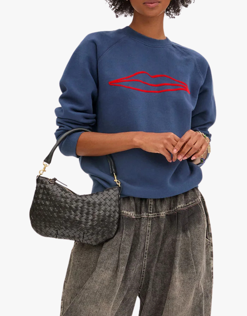 Clare V. Petit Moyen Messenger in Black Woven Diagonal