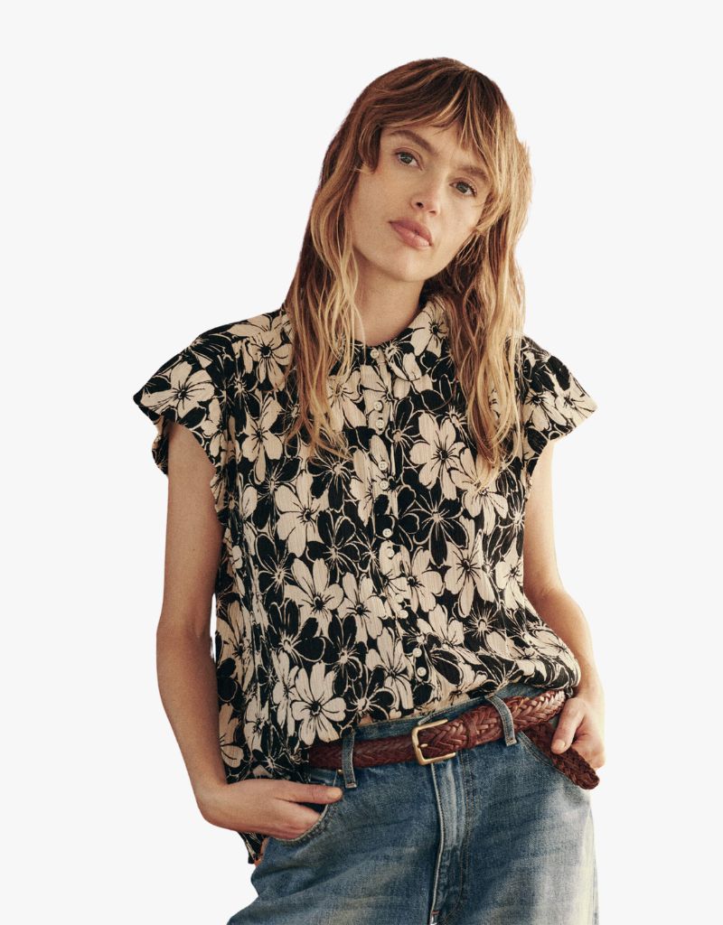 The Great The Wren Top, Black and Cream Hibiscus