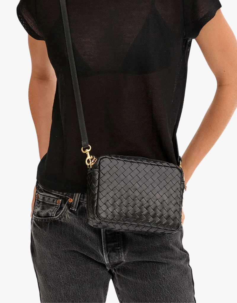 Clare V. Midi Sac in Black Woven Diagonal