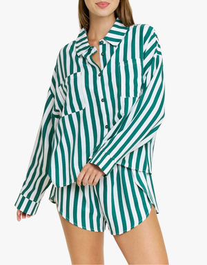 Honeydew Brunch Date Long Sleeve Shortie PJ Set in Mistletoe Stripe