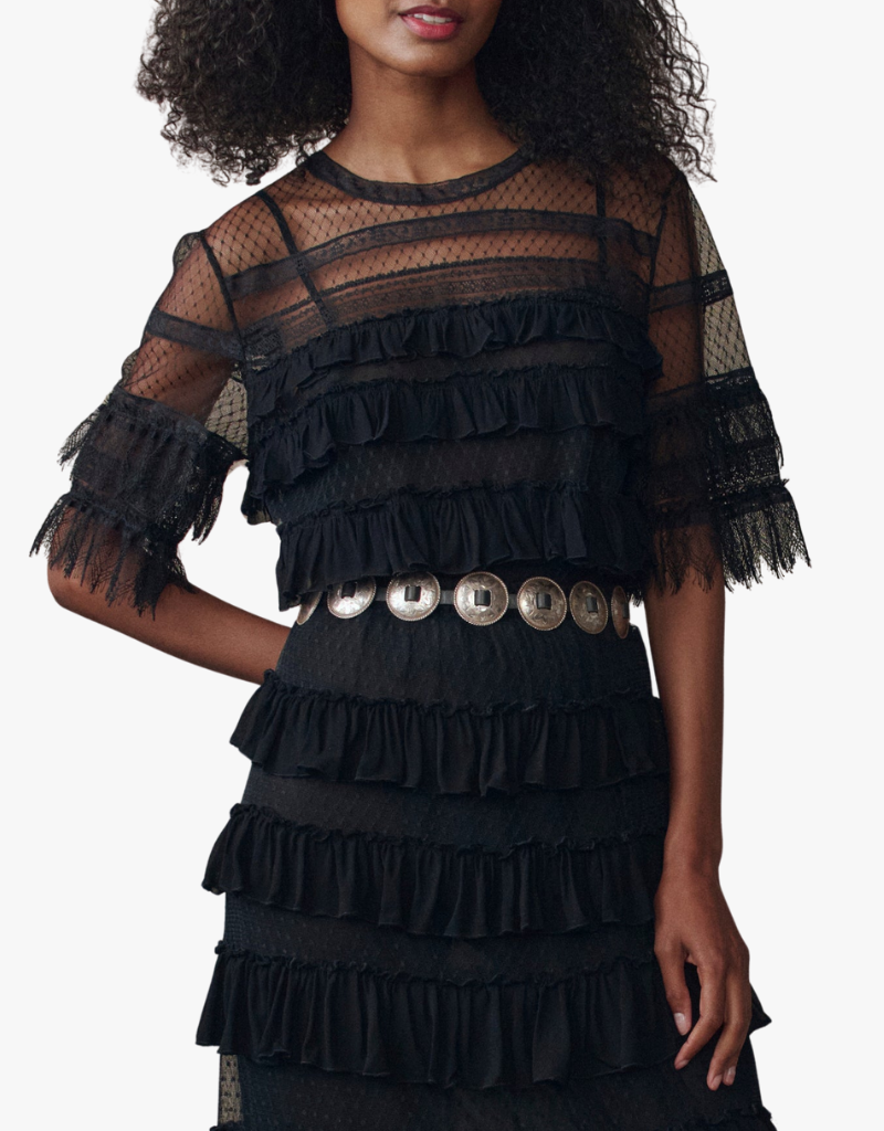 The Great The Winter Mesh Flounce Top in Black