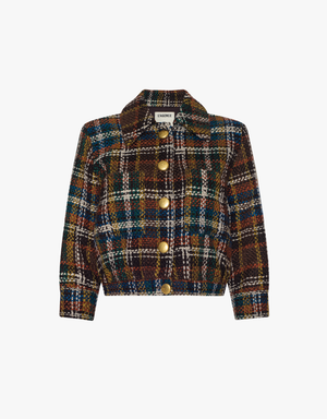 L'agence Jia Crop 3/4 Sleeve Jacket in Brown Multi Plaid