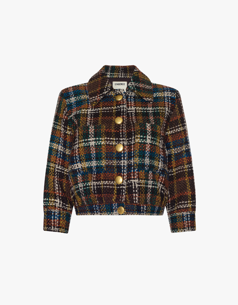 L'agence Jia Crop 3/4 Sleeve Jacket in Brown Multi Plaid