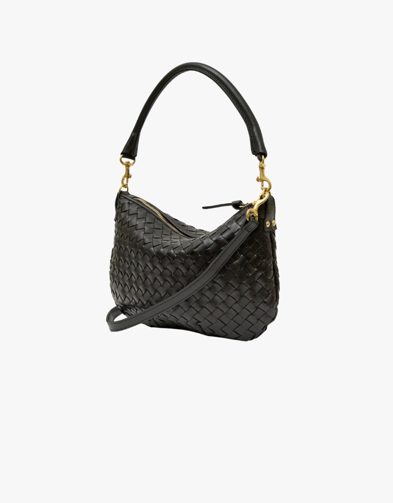 Clare V. Petit Moyen Messenger in Black Woven Diagonal