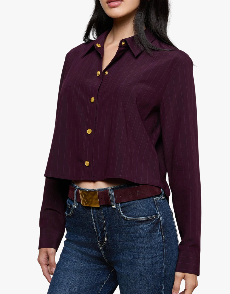 L'agence Costette Crop Hi Low Shirt in Dark Malbec Pinstripe