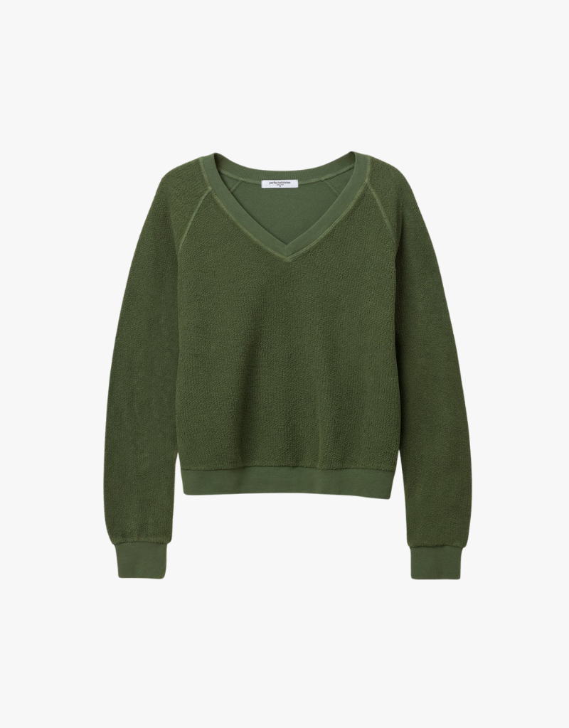 Perfect White Tee Zuri Reverse Fleece V Neck Sweatshirt in Fern Green