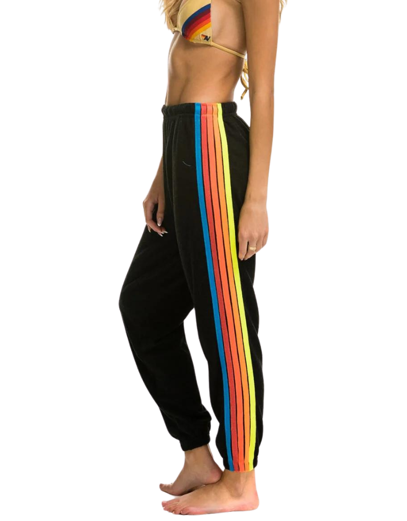 Aviator Nation 5 Stripe Relaxed Sweatpants in Black & Neon Rainbow