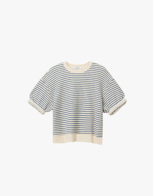 Perfect White Tee Rebecca French Terry Stripe 3/4 Puff Sleeve Sweatshirt in Navy Stripe
