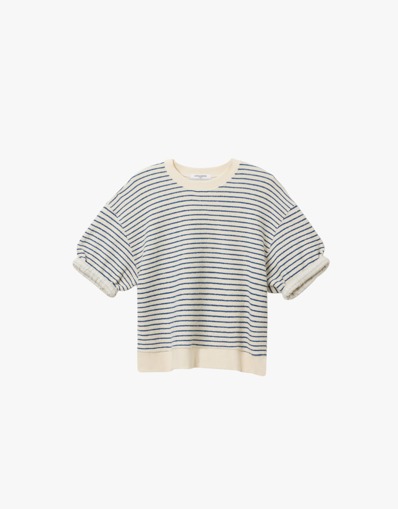 Perfect White Tee Rebecca French Terry Stripe 3/4 Puff Sleeve Sweatshirt in Navy Stripe