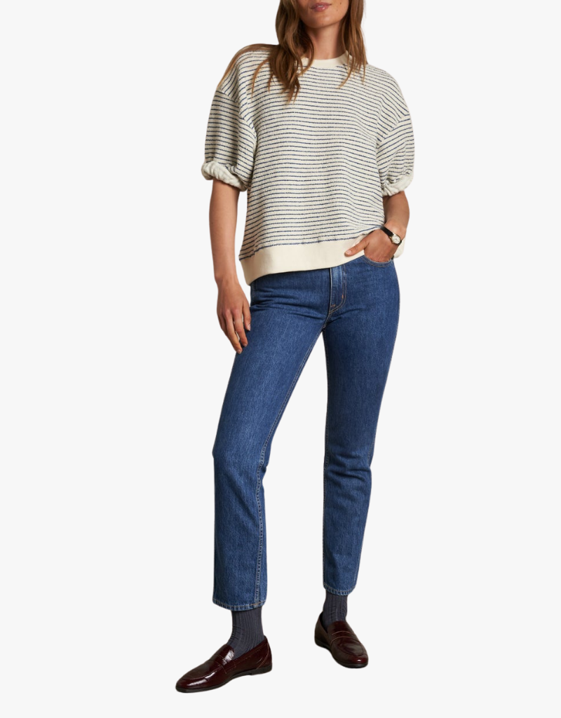 Perfect White Tee Rebecca French Terry Stripe 3/4 Puff Sleeve Sweatshirt in Navy Stripe
