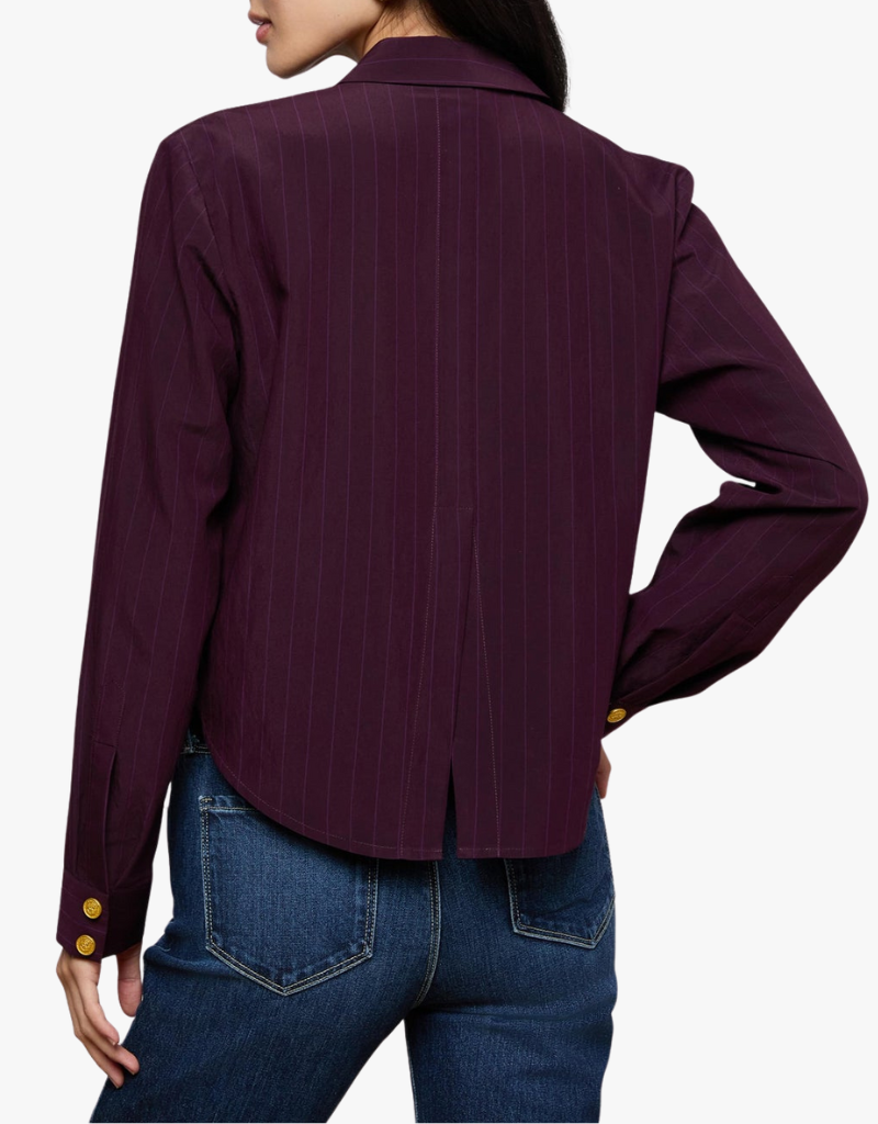 L'agence Costette Crop Hi Low Shirt in Dark Malbec Pinstripe
