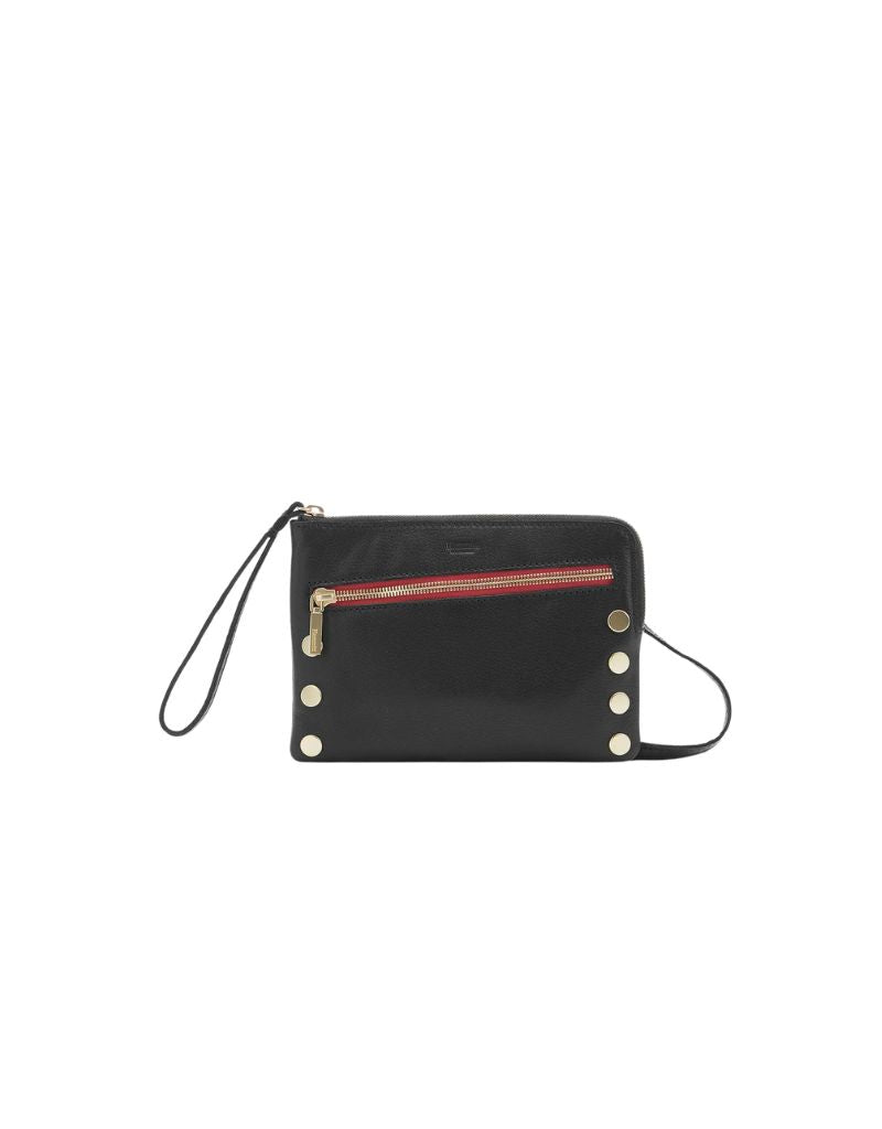 Hammitt Nash Small Crossbody Clutch in Black with Brushed Gold & Red Zip