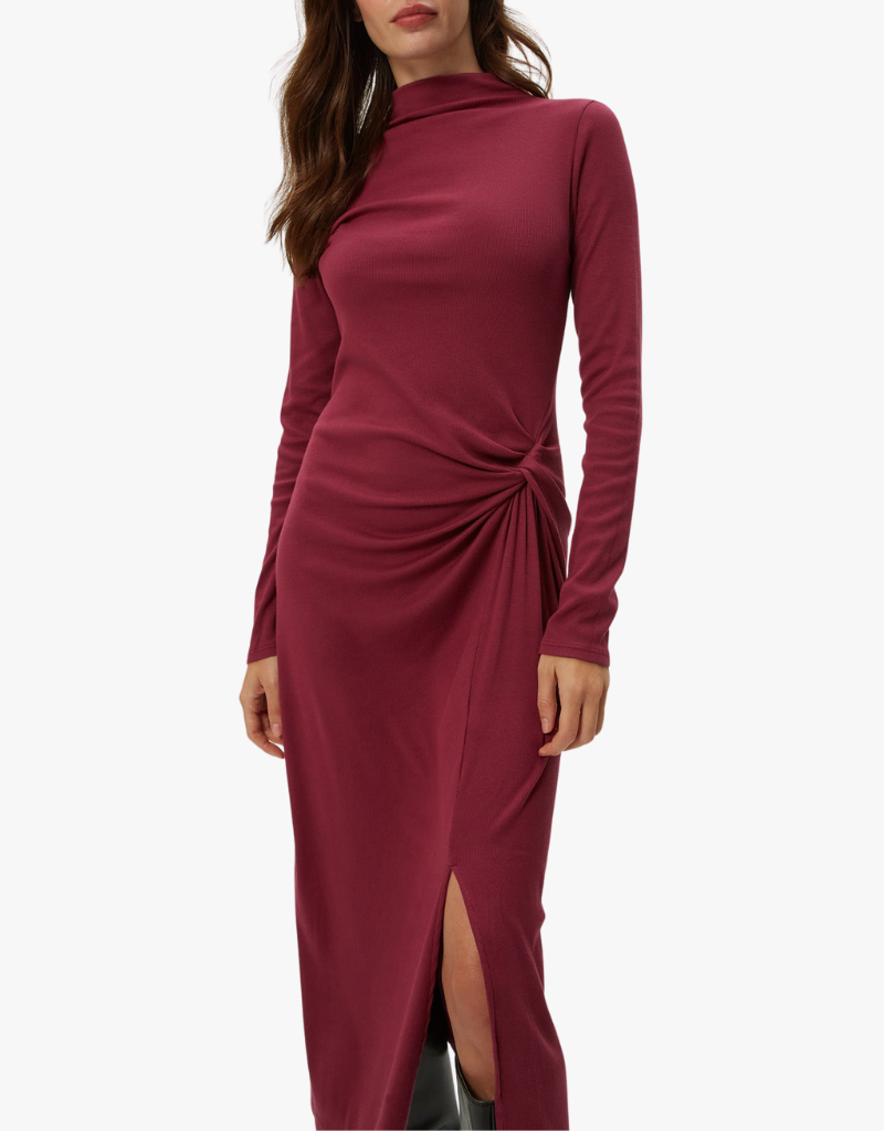 Michael Stars Tish Mock Neck Midi Dress With Slit in Garnet